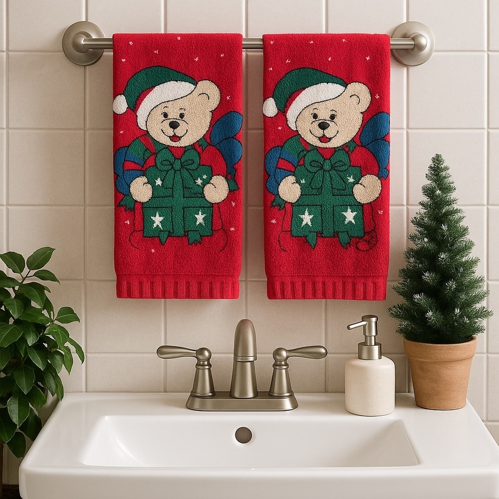 Vintage Holiday Teddy Bear Christmas Hand Wash Towels
